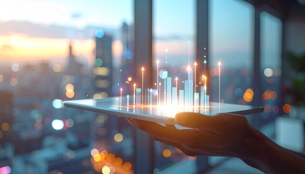 Businesswoman in a sleek high-rise office, looking out at a city skyline at dusk, holding a holographic tablet with floating growth arrows and bar chart icons, soft warm lighting, cinematic compositio