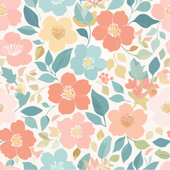  Elegant seamless vector pattern of hand-drawn flowers and leaves in soft pastel colors, idea