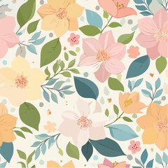 Elegant seamless vector pattern of hand-drawn flowers and leaves in soft pastel colors, idea