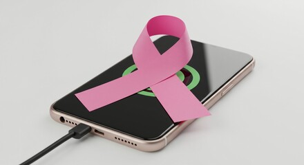 A pink ribbon sits on a charging phone, symbolizing support and awareness for a cause. Technology meets compassion.