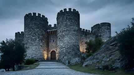 Ancient stone fortress illuminated under a dramatic twilight sky