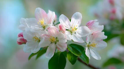 Obraz premium Cluster of delicate white and pink blossoms opens on a tree branch in bright soft light