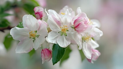Fototapeta premium Clusters of pale pink and white blossoms emerge on a tree branch during springtime