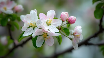 Obraz premium Delicate pale pink and white blossoms adorn a tree branch during springtime