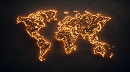 The image displays a luminous world map outlined with bright orange lights, creating a glowing effect against a dark, textured background.