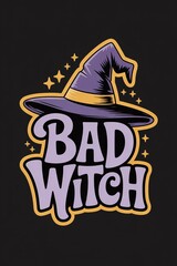 vertical print design with text "Bad Witch", paired with magical purple hat