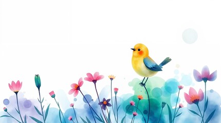 watercolor illustration, depicting cute bird and flowers, with copy space above