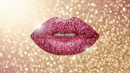 Female lips, covered in pink crystal glitters, against golden background that sparkle and shine