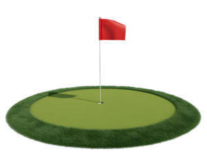 Vibrant red flag marks a perfect golf hole on a meticulously manicured green, signaling victory and precision.