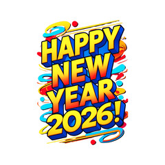 Colorful &ldquo;Happy New Year&rdquo; Celebration Graphic with Festive Swirls and Bold Typography  with transparent background .
