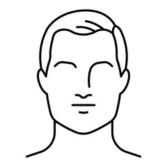 Line icon of male head front view with hair. Concept of human face anatomy and portrait outline. Linear illustration, editable stroke icon.