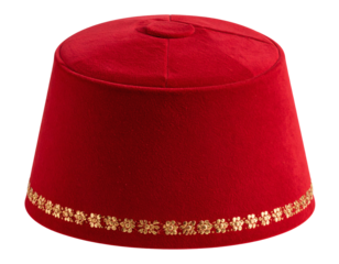 Elegant traditional red fez hat with decorative gold trim perfect for cultural celebrations and historical reenactments.