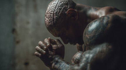 Muscular figure with exposed brain texture bows head in deep concentration or prayer