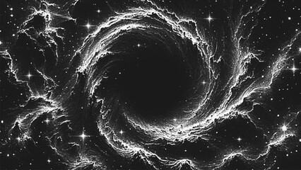 Amazing huge massive black hole surrounded by a cosmic nebula. Gravitational pull of the universe in a cosmic cloud storm of light and shadows. Dotwork. Pointillism. Dots shading. Vector illustration © 3d_kot