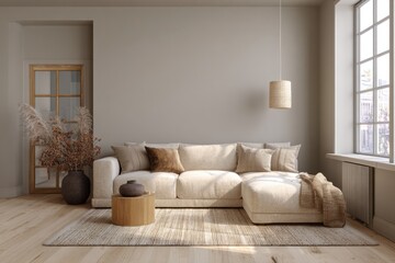 Fototapeta premium warm minimal living room with sofa, light wood flooring and neutral beige palette