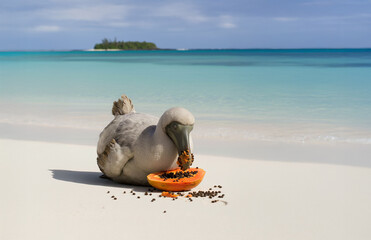 Close-up of a dodo bird eating papaya and dodo bird  on a tropical island, Mauritius. This extinct bird is depicted in its natural habitat among palm trees and sandy shores.