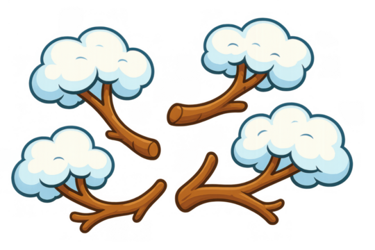 Cartoon snowy tree branches set isolated, winter nature elements for games and animation, transparent background