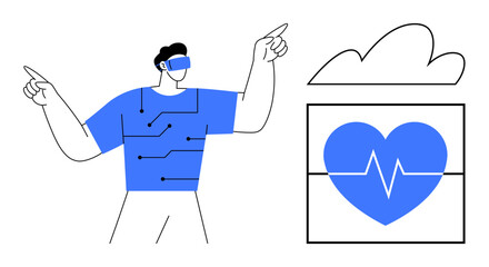 Individual wearing augmented reality headset interacting with health data and heart monitor in tech interface. Ideal for health tech, innovation, VR, wellness, wearable devices, telemedicine, digital