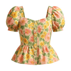 Obraz premium Floral print peplum top with button front and puff sleeves.