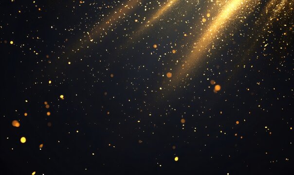 Golden glowing particles and sparkling light beams creating a luxury abstract background for celebrations, holidays, awards, or magic