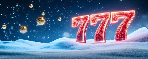 Lucky triple seven numbers glowing red on snowy landscape. Golden baubles floating, snow falling during winter holiday season