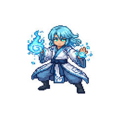 pixel art water mage casting spell wave magic
