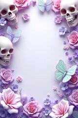 pastel goth border frame, decorated with skulls, roses and butterflies