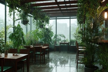 Fototapeta premium calm café surrounded by green plants, gentle morning fog and fresh air after rain