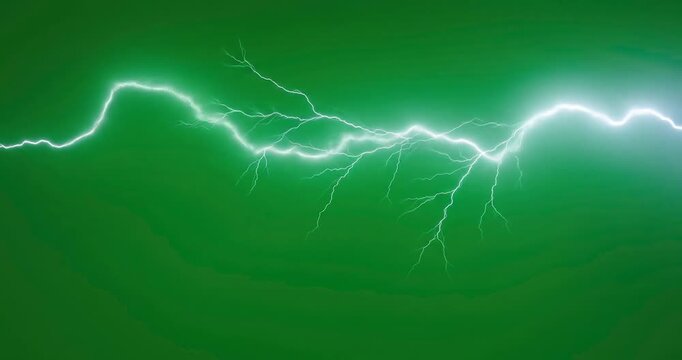 brilliant white lightning bolt with intricate branches flashes across a solid green background.