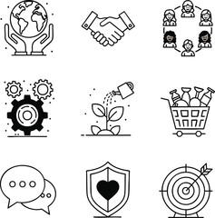 Collection of outline icons representing business, environmental, and social concepts