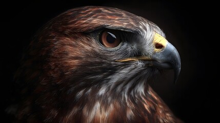Fototapeta premium Detailed close up profile portrait captures the intense gaze of a raptor bird against a dark background