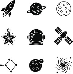 Fototapeta premium Cosmic exploration icons featuring planets, rockets, astronaut helmet, stars, constellations, and satellites