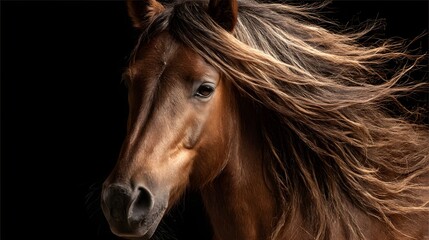 Majestic equine portrait features rich brown coat and flowing mane against a stark black background