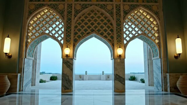 persian architecture | A serene view through ornate arches leading to a tranquil seascape, illuminated by soft lighting that highlights intricate designs and calm waters beyond