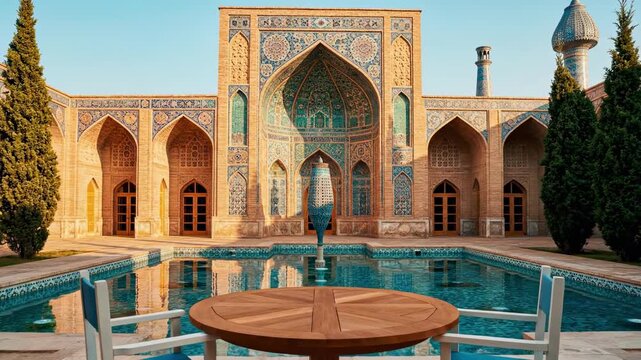 persian architecture | A serene courtyard featuring ornate tile work and elegant arches, with a reflection pool and sunny skies complimenting the tranquil outdoor seating arrangement