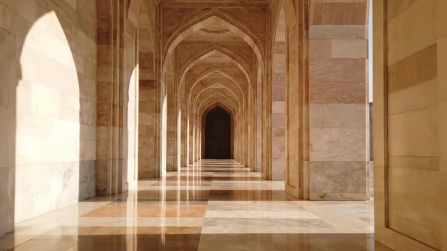 persian architecture | A serene corridor with intricate arches and polished marble floors, bathed in soft natural light, invites exploration through its grandeur and timeless beauty