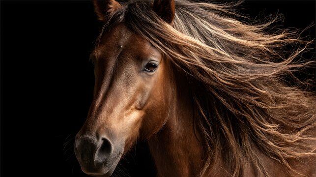 Majestic equine portrait features rich brown coat and flowing mane against a stark black background