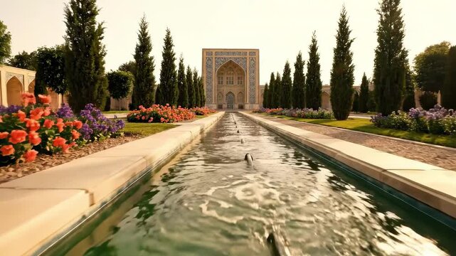 persian architecture | A serene garden with vibrant flowers bordering a reflective water channel, leading to an ornate building adorned with intricate tilework under a warm glow