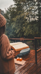 Woman reading a book outdoors on a wooden deck in autumn