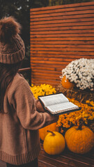 Woman reading the Bible outdoors during autumn with pumpkins and flowers