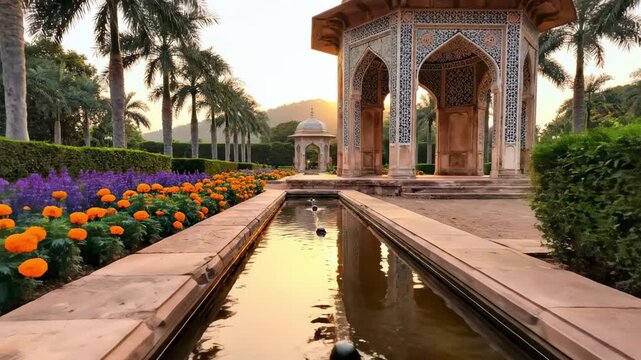 persian architecture | A serene garden view featuring a decorative pavilion surrounded by vibrant flowers and lush greenery, reflecting in a tranquil water channel under the soft glow of sunset