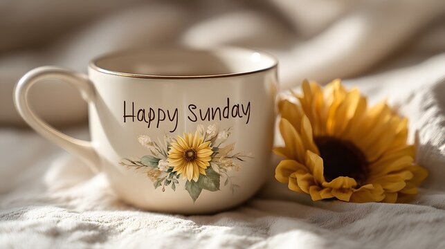 Ceramic mug with floral decoration sits beside a bright yellow bloom on a soft textile surface - Powered by Adobe