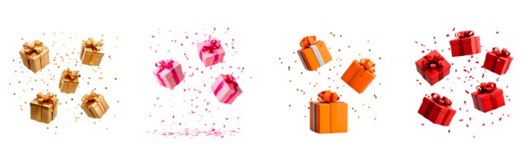 Set of festive gift boxes floating with sparkling confetti for celebration design on transparent background