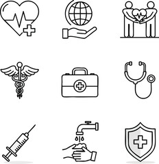 Fototapeta premium Essential outline icons for health, medicine, and wellness. Covers cardiology, global health, community care, first aid, hygiene, and protection