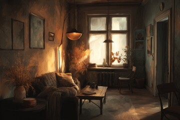 warm painted room with gentle light on the wall, cozy home atmosphere 