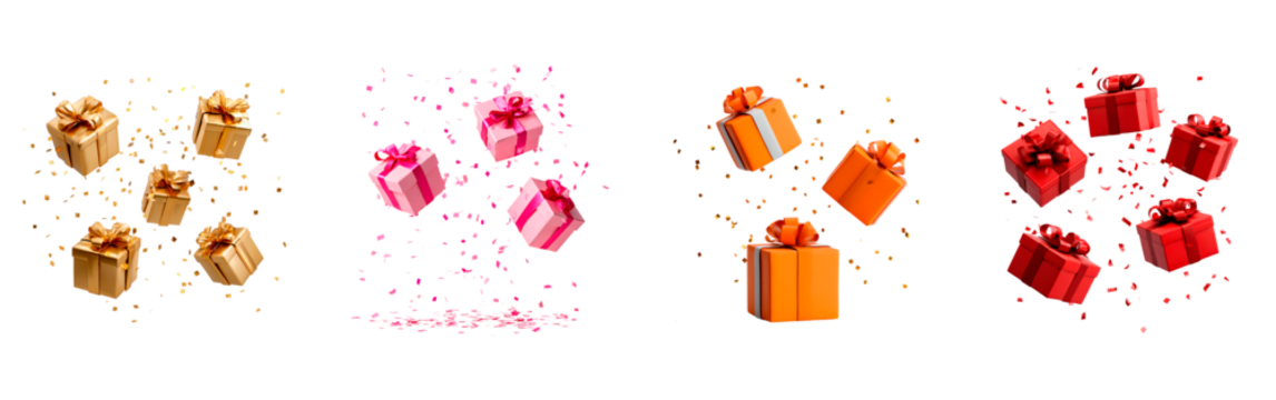Set of festive gift boxes floating with sparkling confetti for celebration design on transparent background