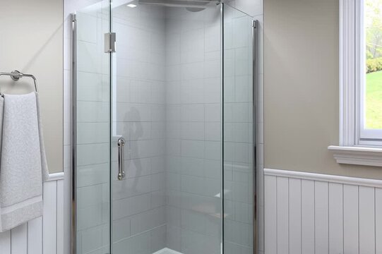 Neo-angle glass shower enclosure in corner of bathroom