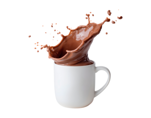 Dynamic splash of chocolate beverage in white mug for design and marketing concepts on transparent background