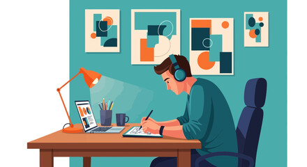 Creative Professional Working Remotely With Headphones and Graphic Tablet For Design Projects