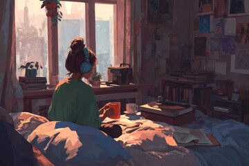 Fototapeta premium cozy morning apartment scene with girl wearing headphones making coffee, sunlight through window